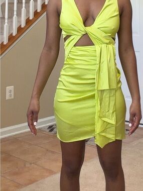 Meshki Neon Lime Twist-Front Cutout Mini Dress